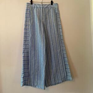 Anthropologie ett:twa Women 8 Blue White Striped 100% Linen Wide Leg Flowy Pants
